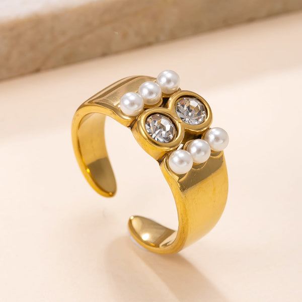 Adjustable Crystal Pearl Ring